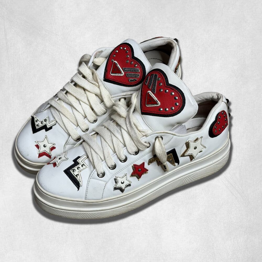 7W US (37) | Prada Robot Heart Patches White Leather Sneaker - Picture 2 of 10